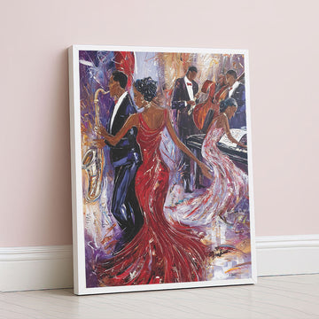 Vibrant Jazz Musicians And Dancers In Red Canvas Wall Art