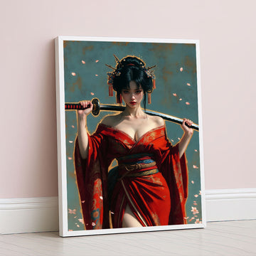 Elegant Samurai Woman In Red Kimono Canvas Wall Art
