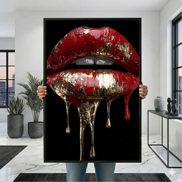 Dramatic Red Lips With Gold Dripping Canvas Wall Art