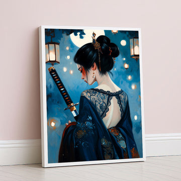 Elegant Samurai Woman With Lanterns Canvas Wall Art