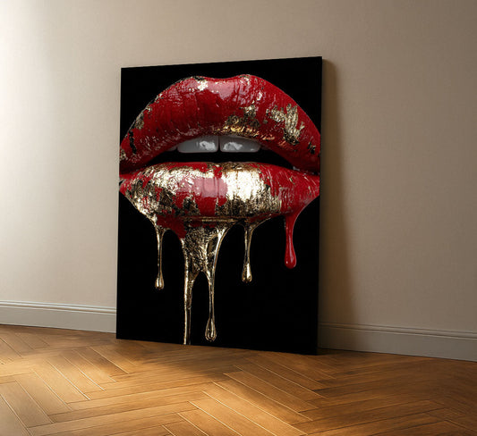Dramatic Red Lips With Gold Dripping Canvas Wall Art