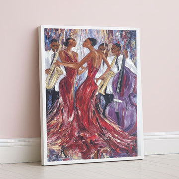 Vibrant Jazz Musicians With Elegant Women In Red Canvas Wall Art