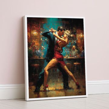 Dramatic Couple Dancing Passionately In Red Dress Canvas Wall Art