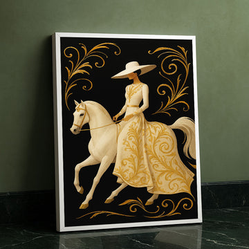 Elegant Woman On White Horse With Gold Swirls Canvas Wall Art