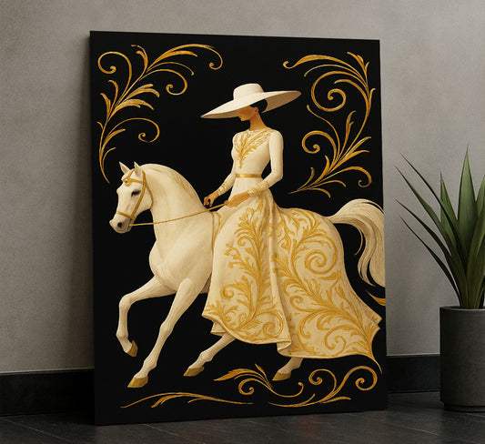 Elegant Woman On White Horse With Gold Swirls Canvas Wall Art