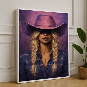 Chic Cowgirl In Purple Hat Rustic Portrait Canvas Wall Art