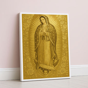 Majestic Golden Virgin Mary With Roses Canvas Wall Art