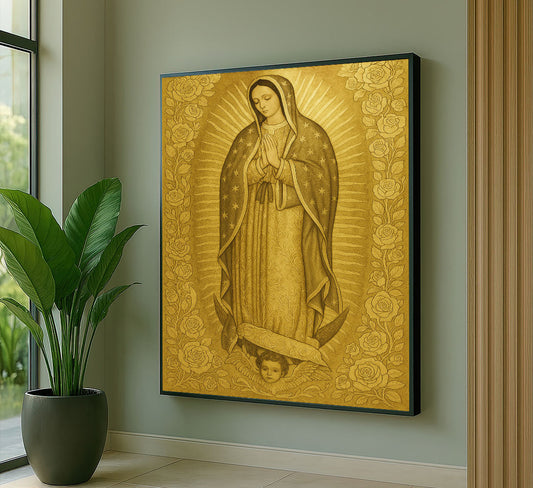 Majestic Golden Virgin Mary With Roses Canvas Wall Art