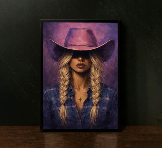 Chic Cowgirl In Purple Hat Rustic Portrait Canvas Wall Art