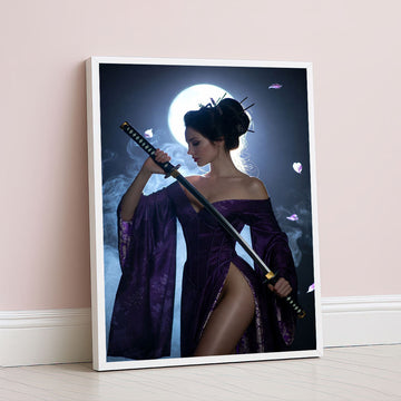 Elegant Samurai Woman Under Moonlight Canvas Wall Art