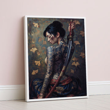 Elegant Samurai Woman With Dragon Tattoo Canvas Wall Art