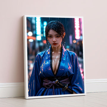 Elegant Samurai Woman In Rainy Neon City Canvas Wall Art