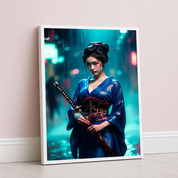 Elegant Samurai Woman In Blue Kimono Canvas Wall Art