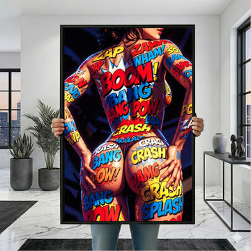 Dynamic Comic-inspired Woman With Vibrant Words Canvas Wall Art