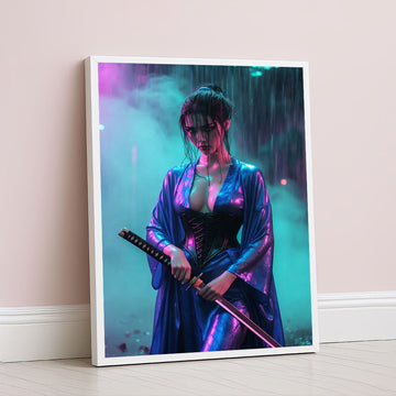 Elegant Samurai Woman In Rain Neon Glow Canvas Wall Art