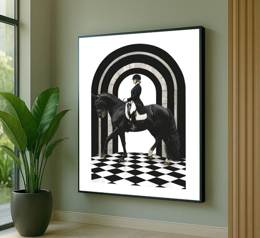 Elegant Equestrian Rider On Black Horse Canvas Wall Art