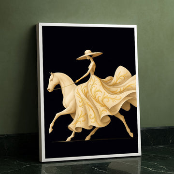 Elegant Woman In Flowing Gown Riding Horse Canvas Wall Art