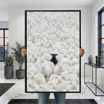 Striking Black Sheep Among White Canvas Wall Art Print | Modern Minimalist Living Room Decor | Statement Piece