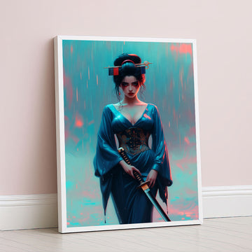 Elegant Samurai Woman In Blue Kimono Canvas Wall Art