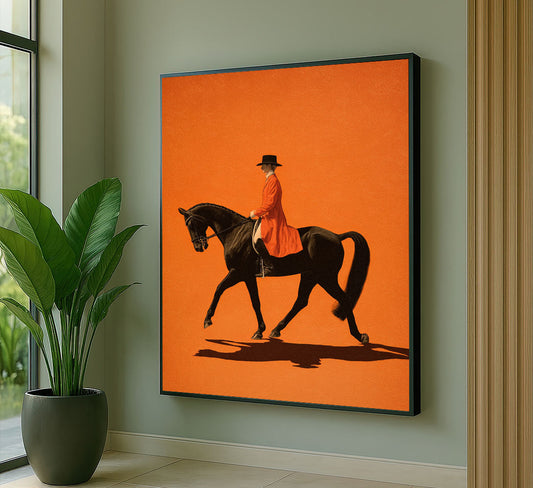 Majestic Horse Rider In Orange Attire Canvas Wall Art