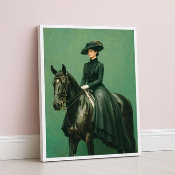 Elegant Equestrian Lady In Green Dress Canvas Wall Art