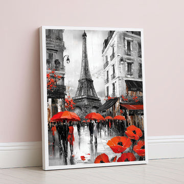 Vibrant Paris Street With Red Umbrellas Canvas Wall Art