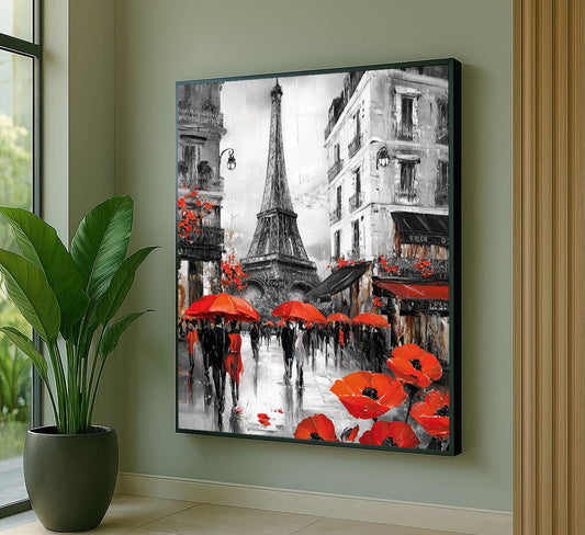 Vibrant Paris Street With Red Umbrellas Canvas Wall Art