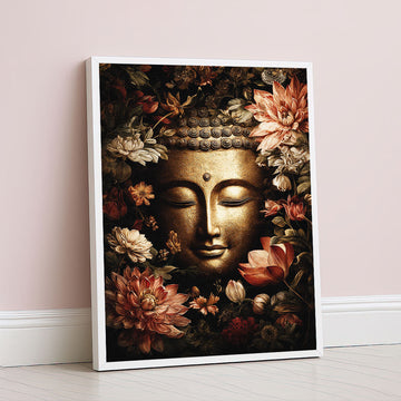 Mystical Golden Buddha Surrounded By Flowers Canvas Wall Art