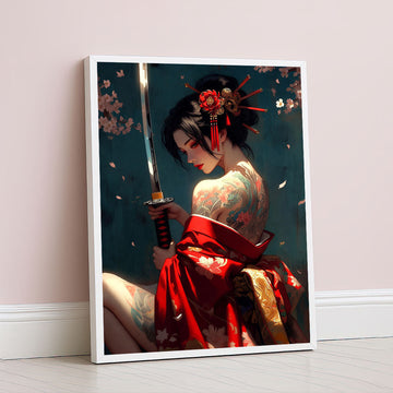 Elegant Samurai Woman With Floral Tattoo Canvas Wall Art
