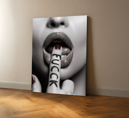 Bold Monochrome Woman With Finger Pose Canvas Wall Art