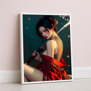 Elegant Samurai Woman With Dragon Tattoo Canvas Wall Art