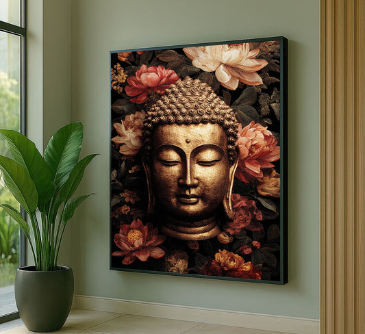 Mystical Golden Buddha With Floral Aura Canvas Wall Art