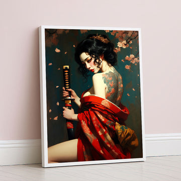 Elegant Samurai Woman With Cherry Blossoms Canvas Wall Art