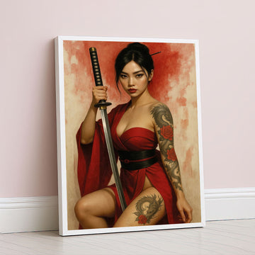 Elegant Samurai Woman With Dragon Tattoo Canvas Wall Art