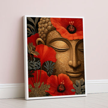 Majestic Buddha With Red Poppies Canvas Wall Art