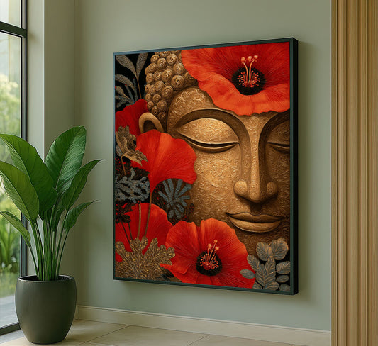 Majestic Buddha With Red Poppies Canvas Wall Art