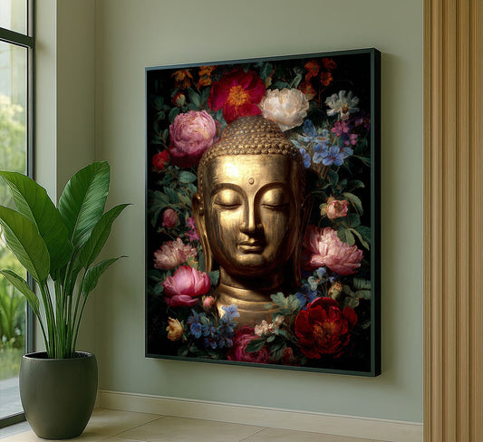 Enchanting Golden Buddha Amidst Colorful Blossoms Canvas Wall Art