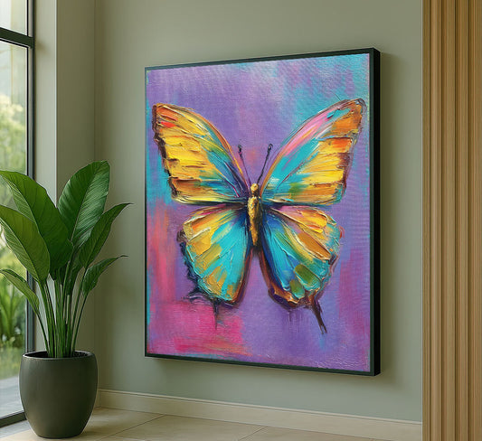 Vibrant Multicolored Butterfly On Purple Canvas Wall Art
