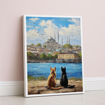 Serene Cats Overlooking Istanbul Skyline Canvas Wall Art
