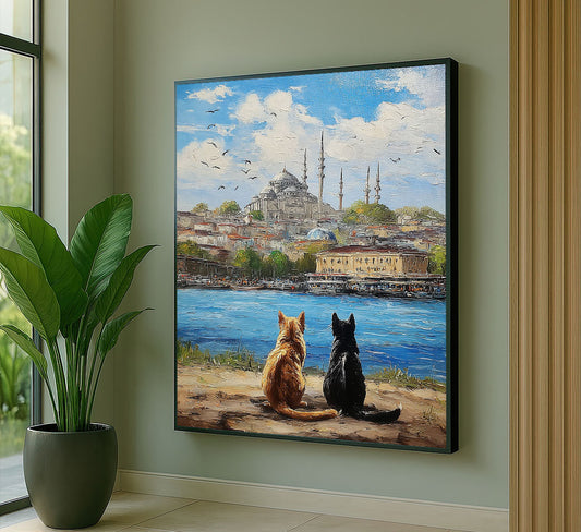 Serene Cats Overlooking Istanbul Skyline Canvas Wall Art