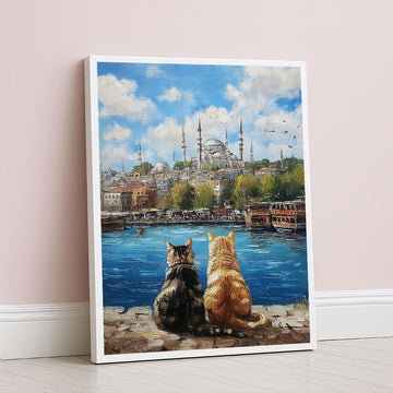 Charming Cats Overlooking Istanbul Landscape Canvas Wall Art