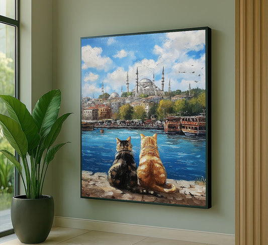 Charming Cats Overlooking Istanbul Landscape Canvas Wall Art