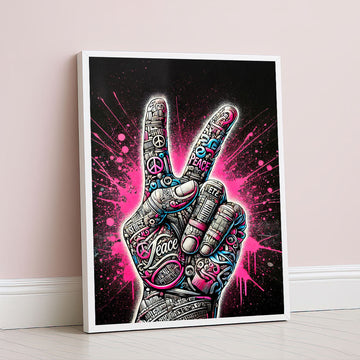 Vibrant Graffiti Peace Hand Canvas Wall Art In Neon Pink