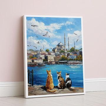 Majestic Cats Watching Istanbul Skyline Canvas Wall Art