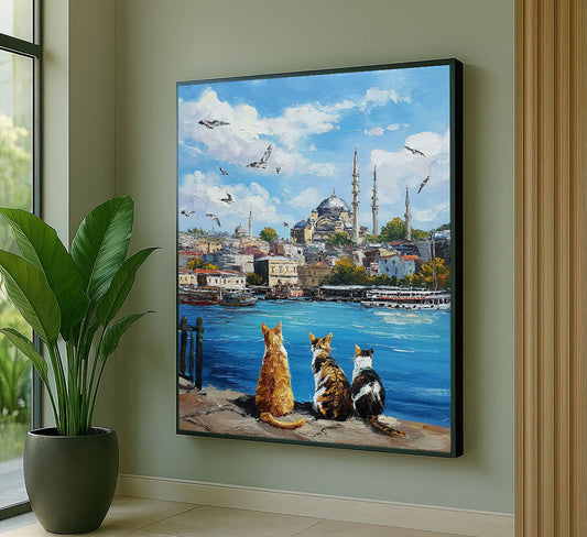 Majestic Cats Watching Istanbul Skyline Canvas Wall Art