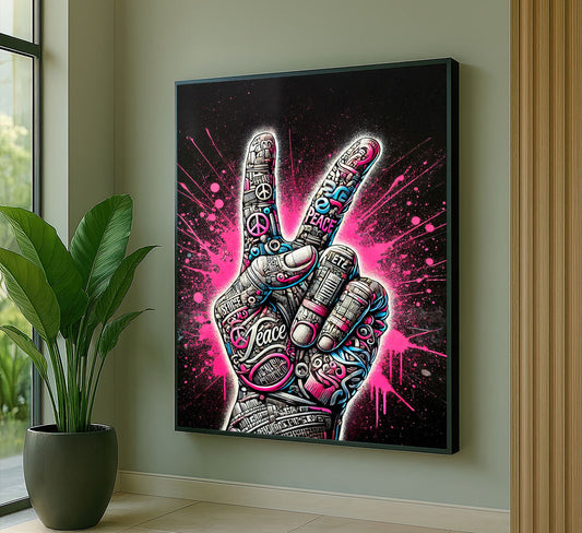 Vibrant Graffiti Peace Hand Canvas Wall Art In Neon Pink
