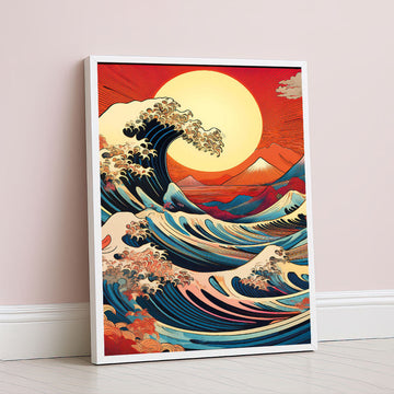 Vibrant Japanese Wave With Red Sun Canvas Wall Art