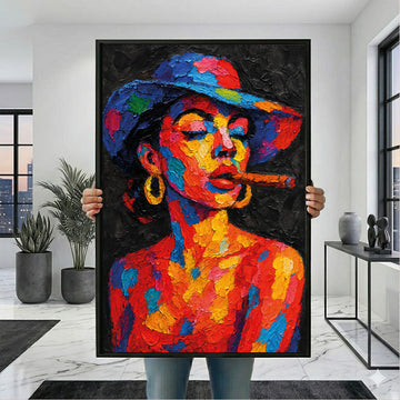 Bold Black Woman Smoking Cigar Canvas Wall Art Print | Vibrant Living Room Decor | Statement Piece