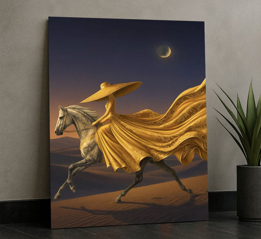 Majestic Woman In Flowing Golden Gown On Horse Canvas Wall Art