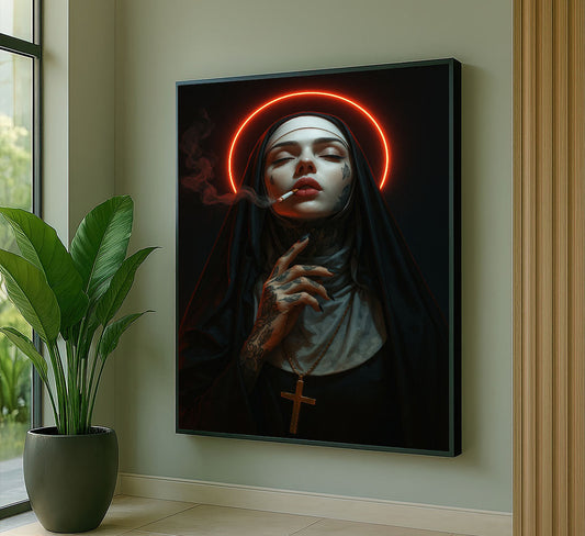 Captivating Tattooed Nun With Halo Canvas Wall Art
